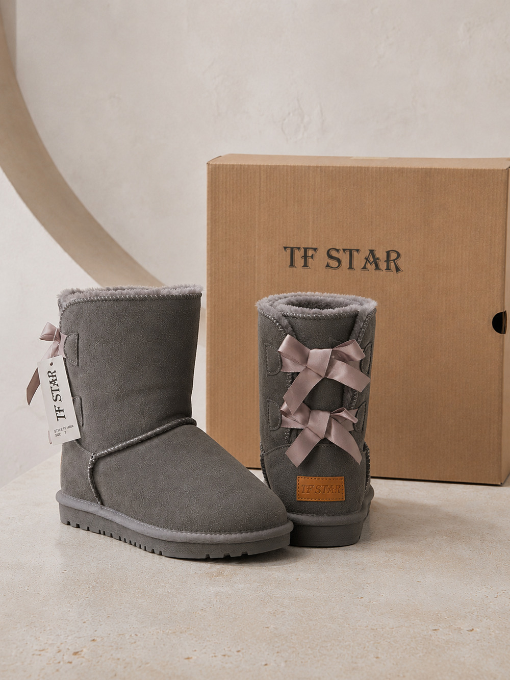 NIB TF STAR Gray Cow Suede Wool Lined Bow Mid-Calf Boots Women’s Size 7